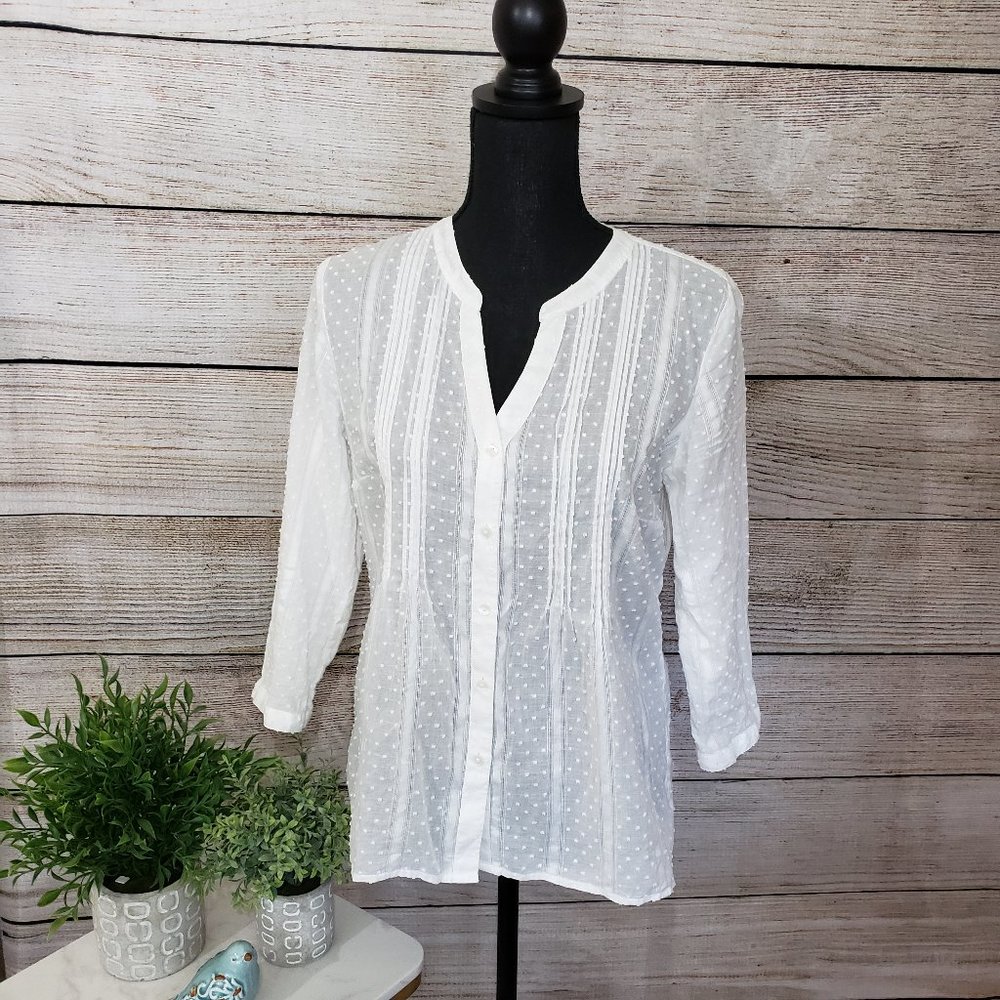 TALBOTS WHITE DOTTED 3/4 SLEEVE TOP - SMALL
